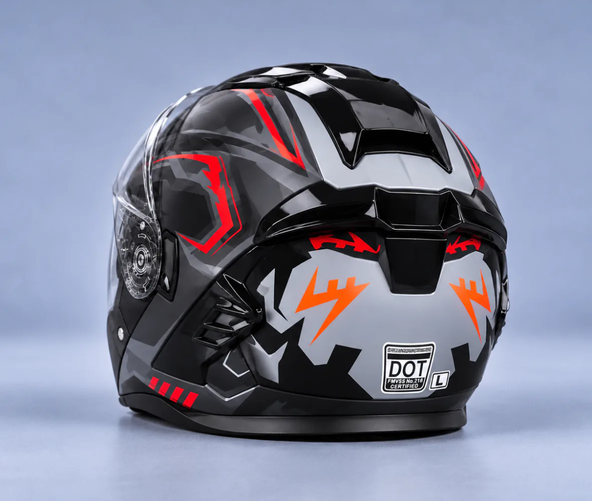 Aero Shield X Force Modular Helmet, Gloss Black / Red, rear view