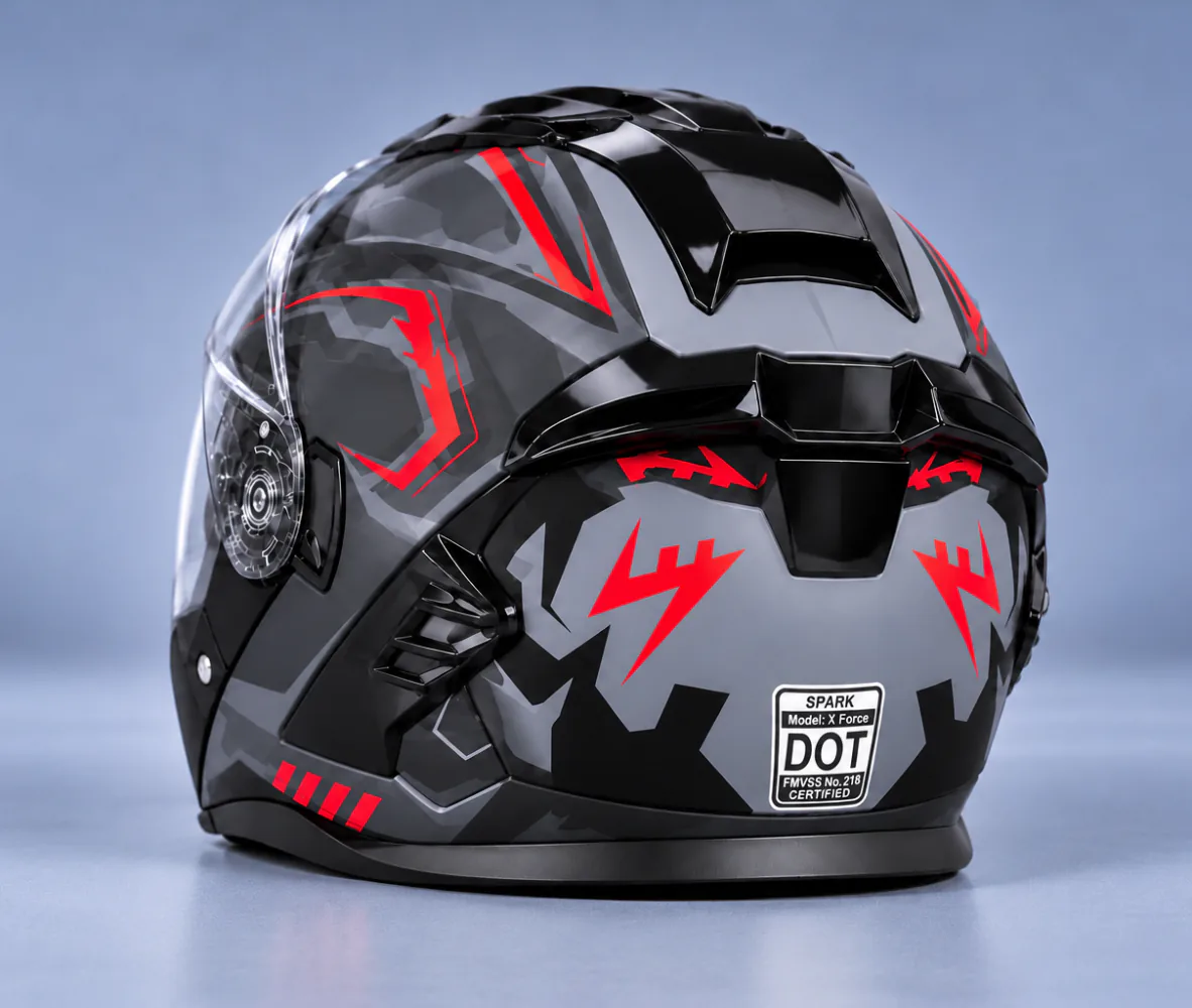 Aero Shield X Force Modular Helmet, Gloss Black / Red, second rear view