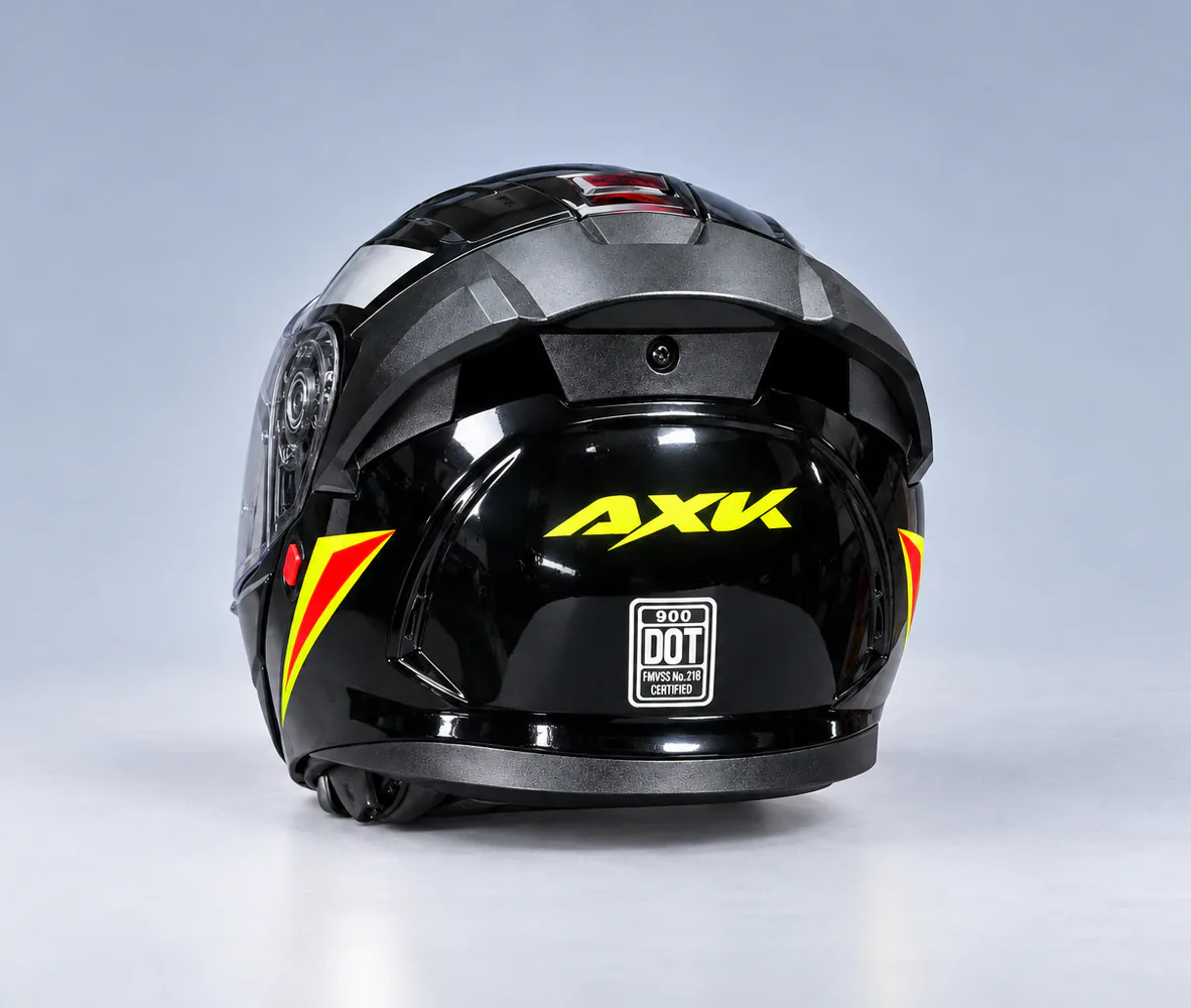 AXK 909 Modular Helmet, Gloss Black / Yellow, rear view