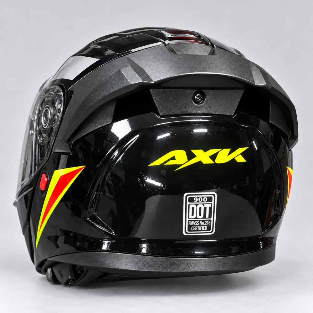 AXK 909 helmet in gloss black and yellow, showing the AXK helmet's rear spoiler and vents
