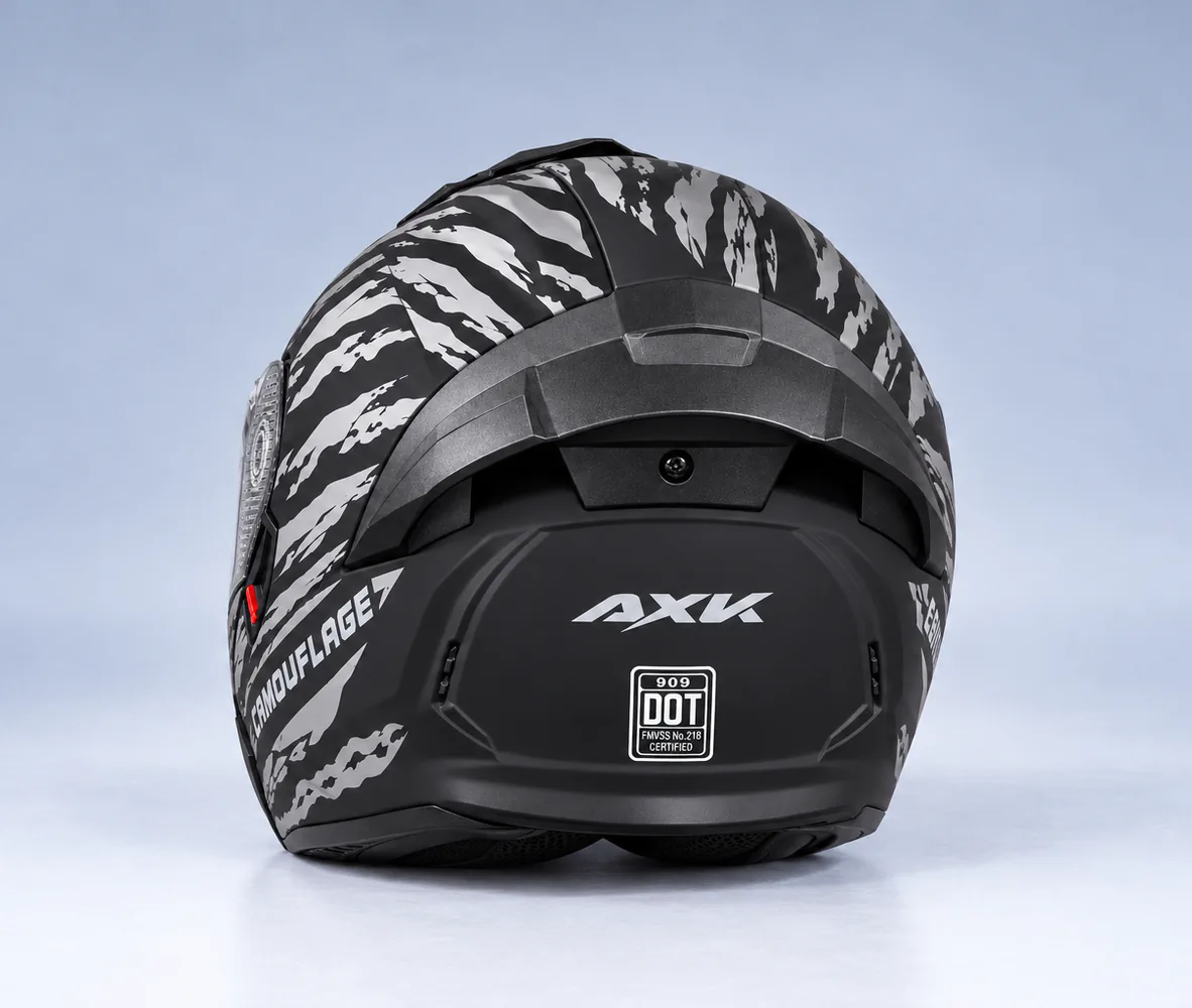 AXK 909 Modular Helmet, Matte Black Camouflage, rear view