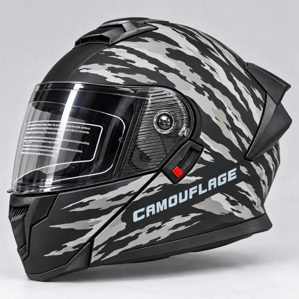 AXK 909 flip-up helmet in matte black camouflage, illustrating AXK helmet price in Pakistan
