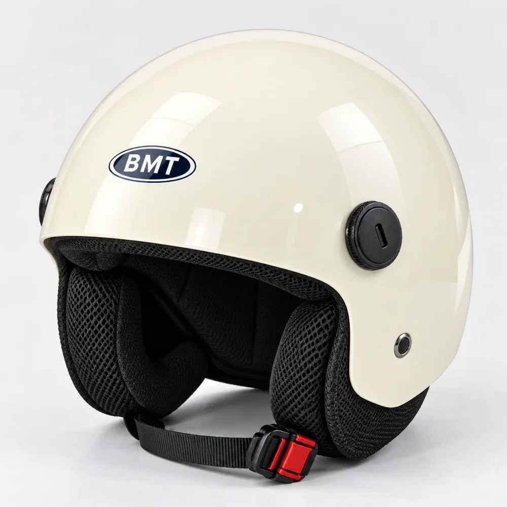 BMT half face helmet in gloss cream with black ear flaps, a half face helmet sold in Pakistan