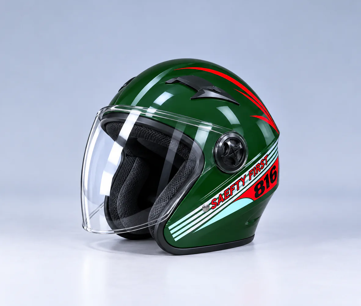 FM Helmet 816 Open Face Helmet, Green, front view
