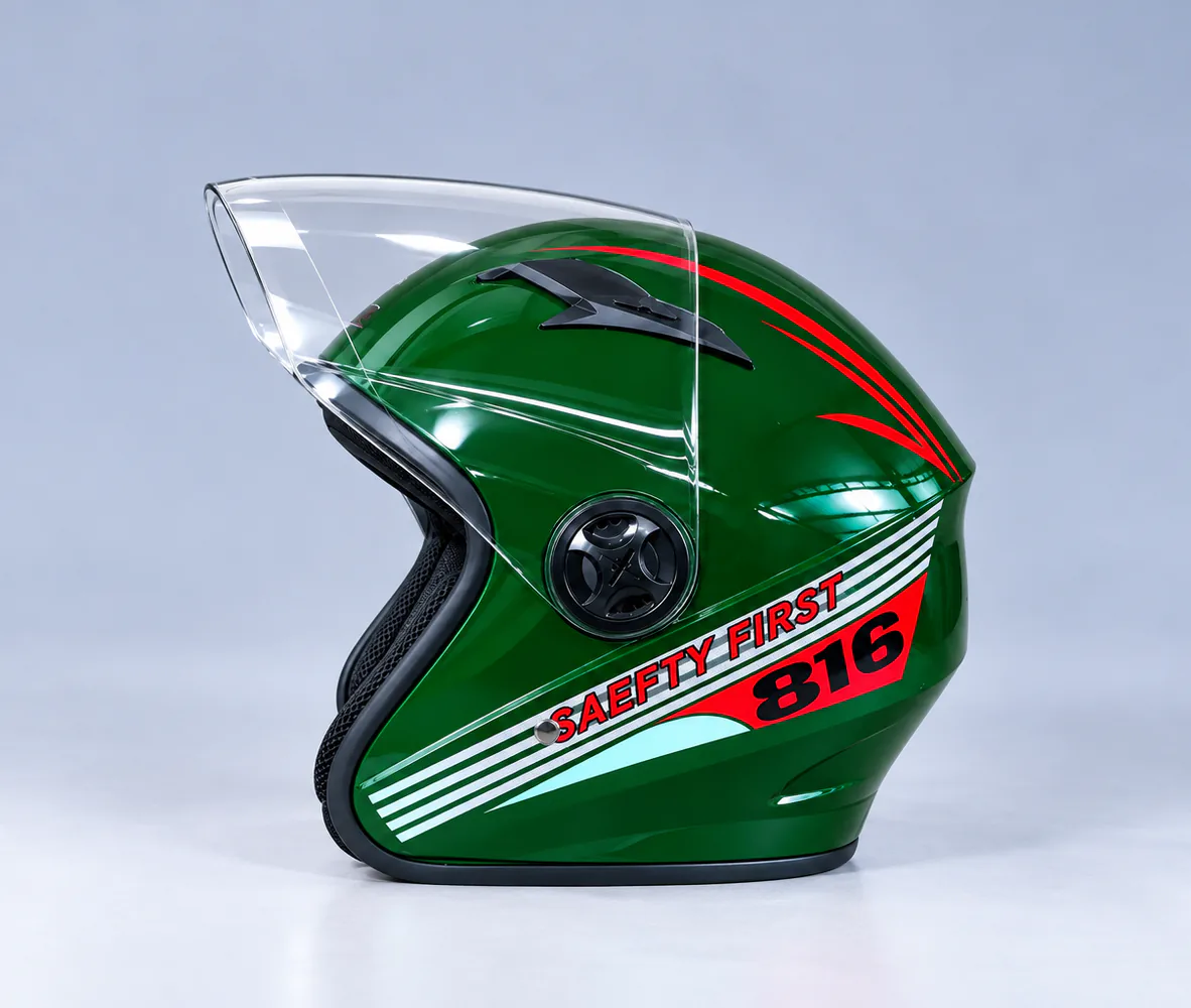 FM Helmet 816 Open Face Helmet, Green, side view
