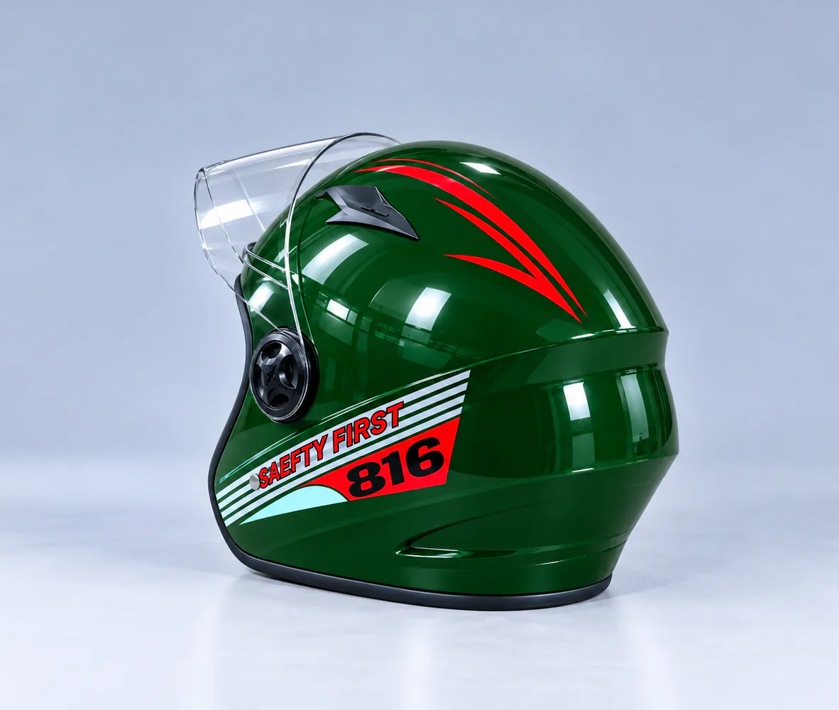 FM Helmet 816 Open Face Helmet, Green, rear view