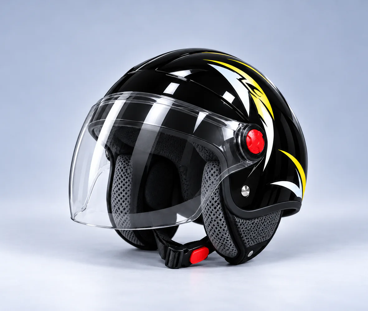 FM Helmet Half Helmet with Visor, Gloss Black, front view