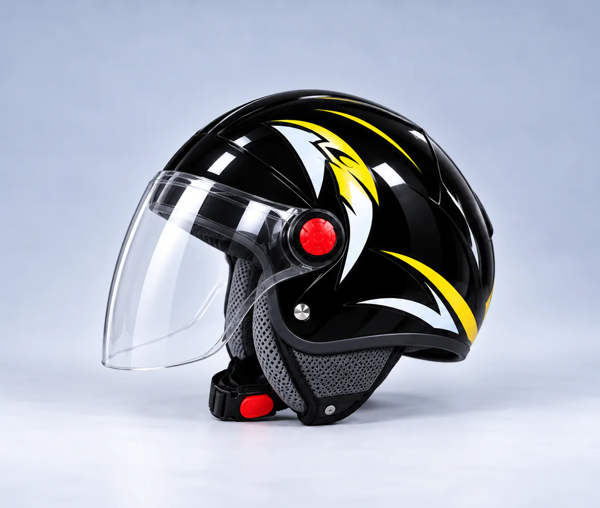 FM Helmet Half Helmet with Visor, Gloss Black, side view