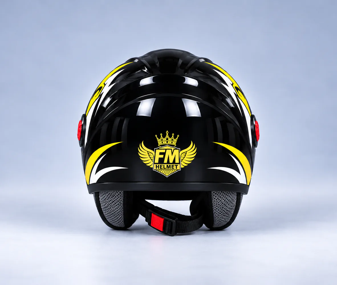 FM Helmet Half Helmet with Visor, Gloss Black, rear view
