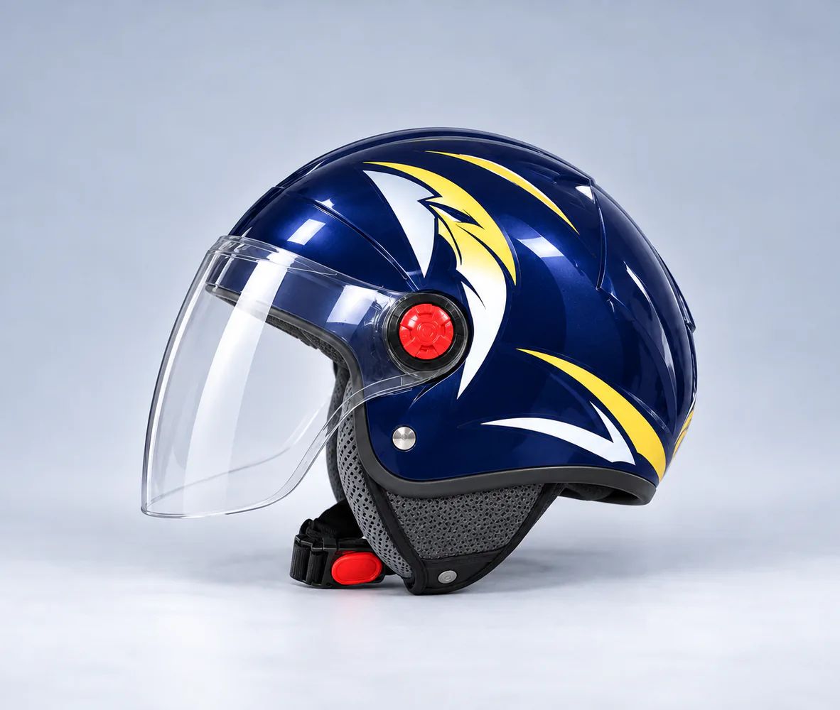 FM Helmet Half Helmet with Visor, Gloss Navy Blue, side view