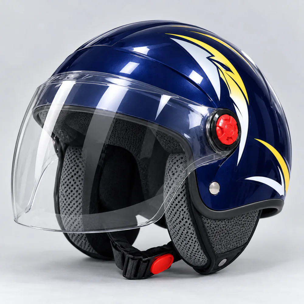 FM Helmet Half Helmet with Visor in Gloss Navy Blue