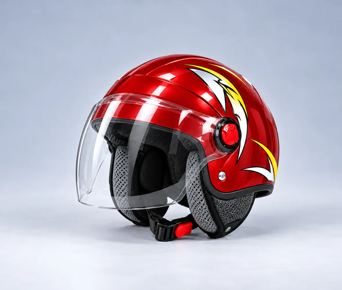 FM Helmet Half Helmet with Visor, Gloss Red, front view