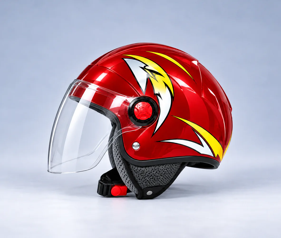 FM Helmet Half Helmet with Visor, Gloss Red, side view