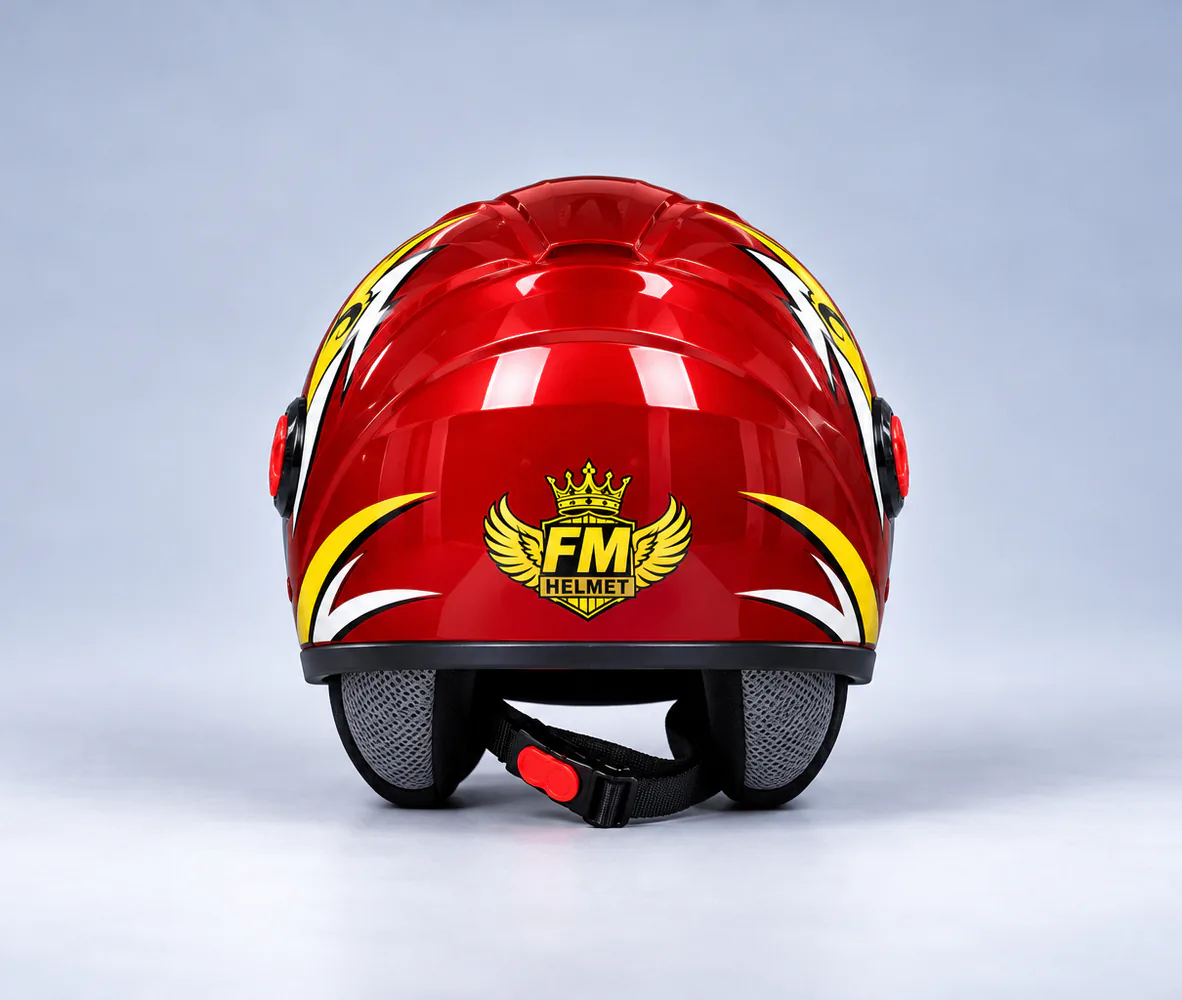 FM Helmet Half Helmet with Visor, Gloss Red, rear view