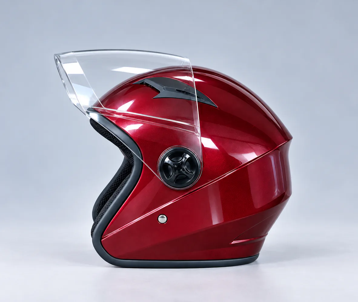 FM Open Face Helmet, Plain Maroon, Maroon (plain, no graphics), side view