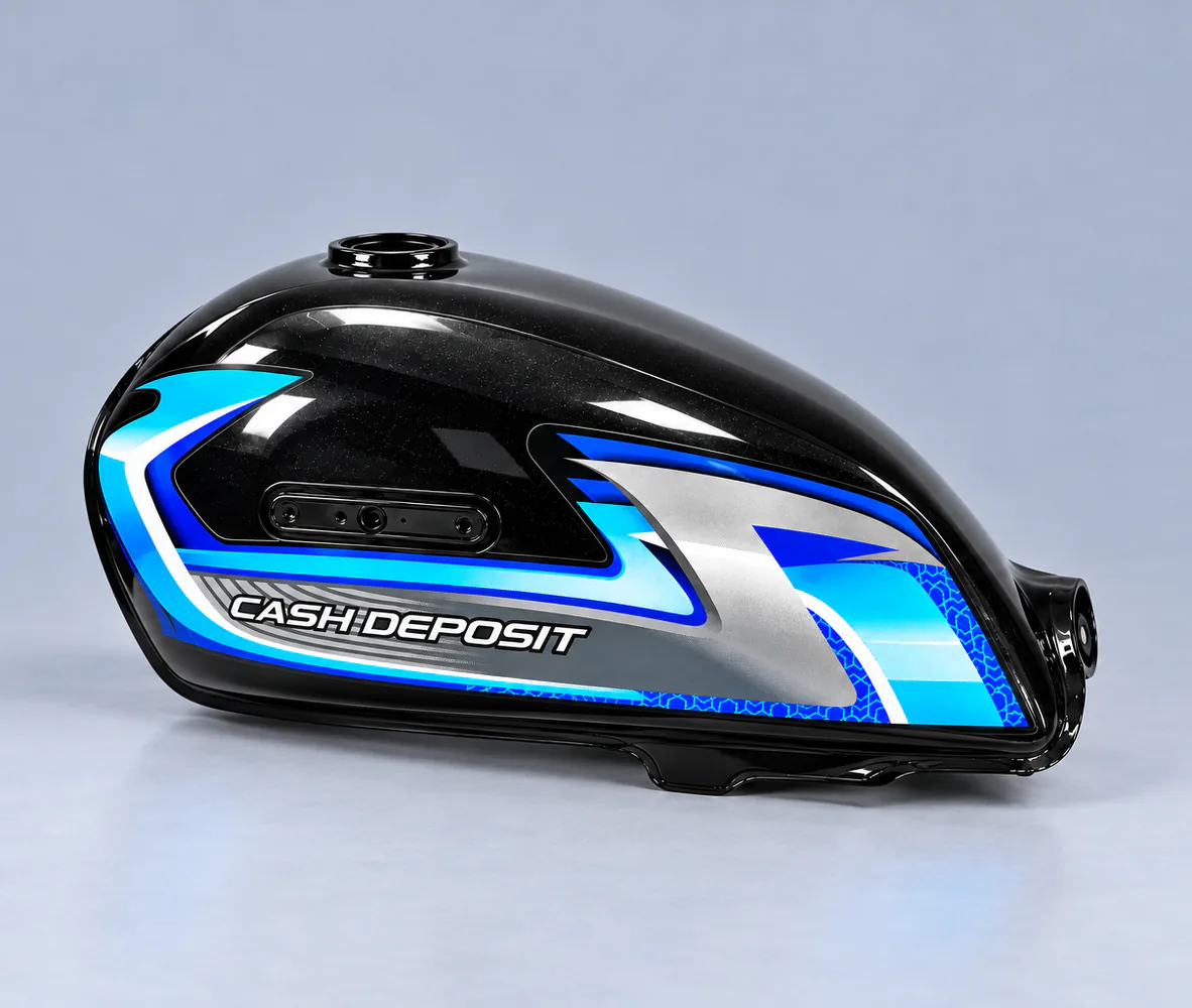 Fuel Tank for Honda CD70 – Black with Blue Decal, front view