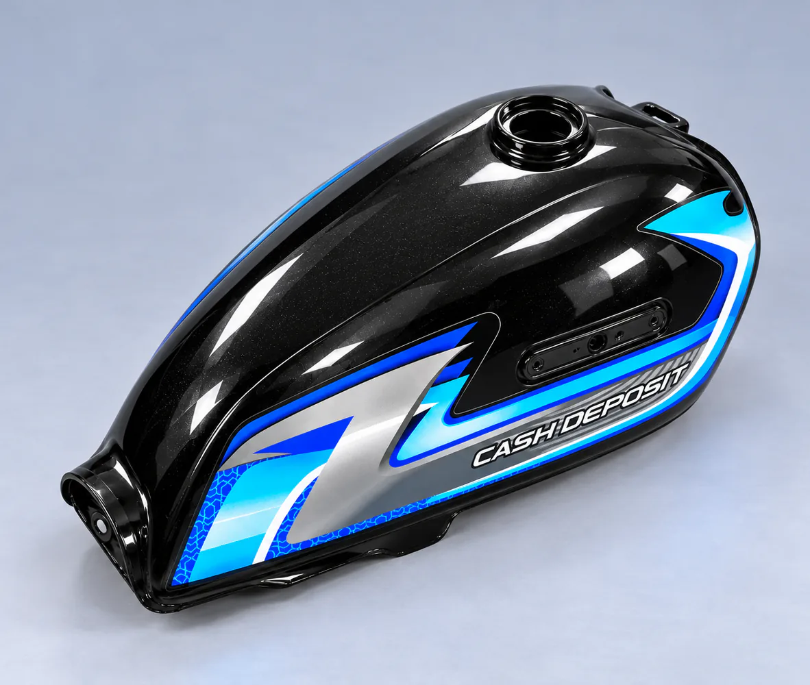 Fuel Tank for Honda CD70 – Black with Blue Decal, side view