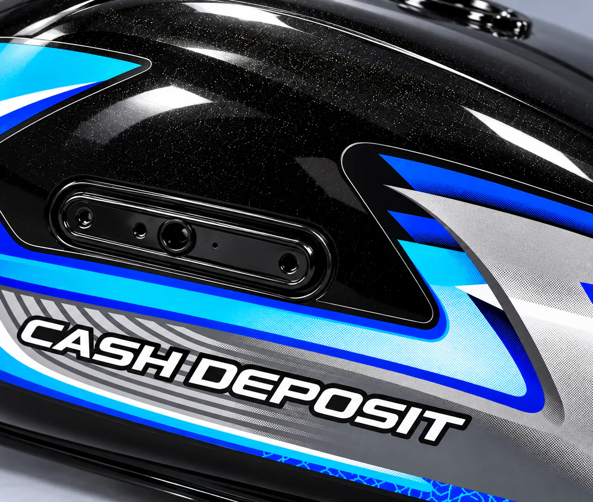 Fuel Tank for Honda CD70 – Black with Blue Decal, close-up