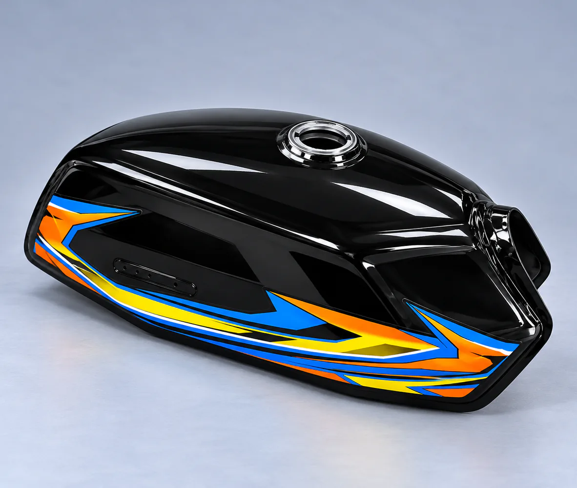 Fuel Tank for Honda CG125 – Black with Orange Decal, front view