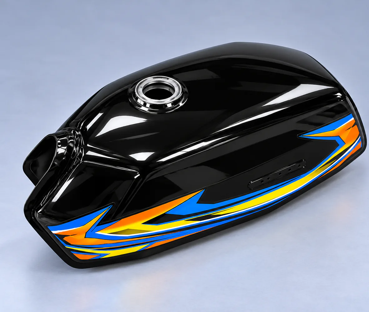 Fuel Tank for Honda CG125 – Black with Orange Decal, side view
