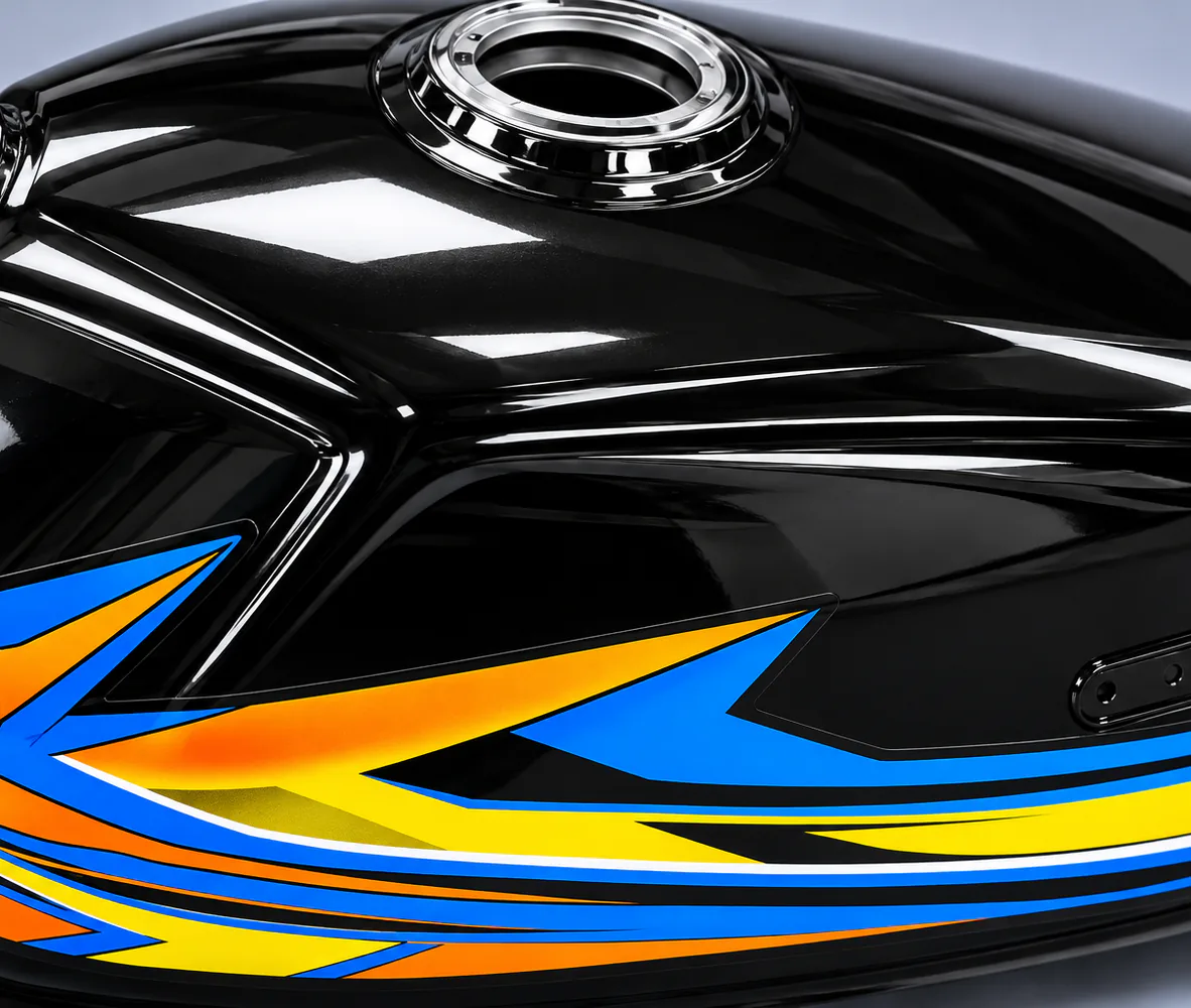 Fuel Tank for Honda CG125 – Black with Orange Decal, close-up