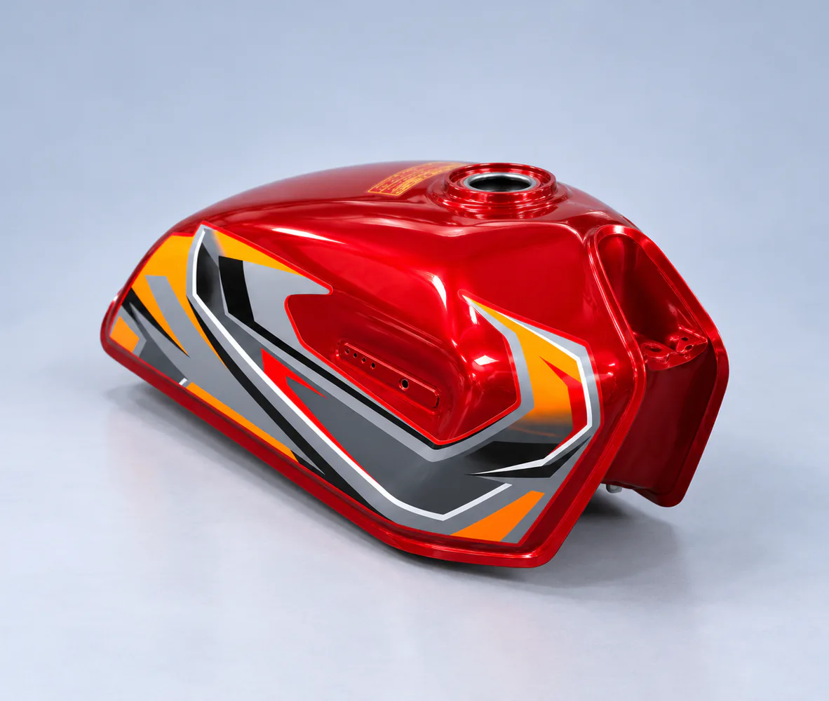 Fuel Tank for Honda CG125 – Red with Grey and Orange Decal, front view