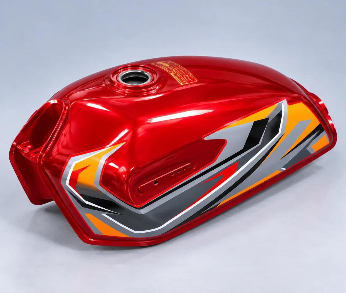 Fuel Tank for Honda CG125 – Red with Grey and Orange Decal, side view