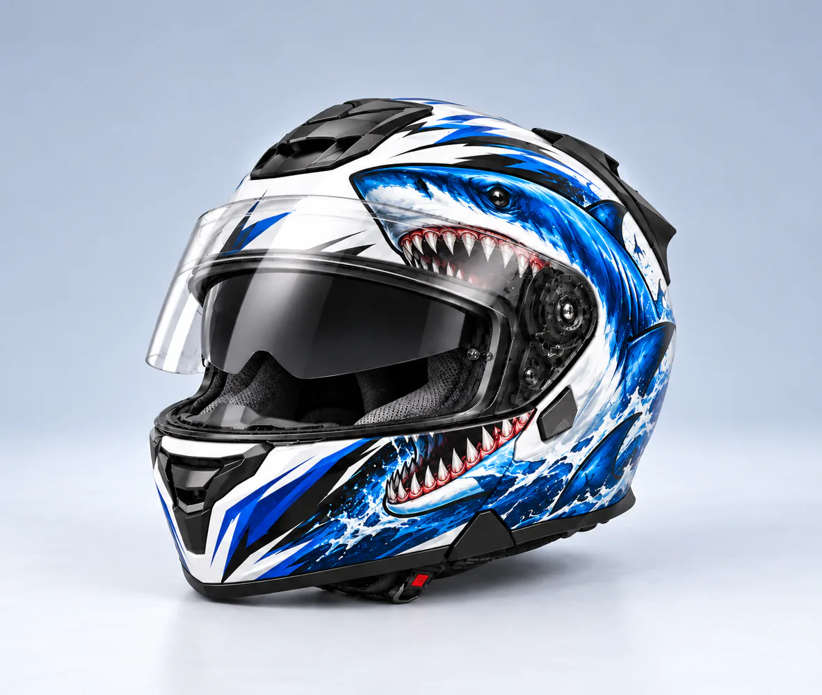 Jiekai JK-902 Flip Up Helmet, Blue Shark, front view