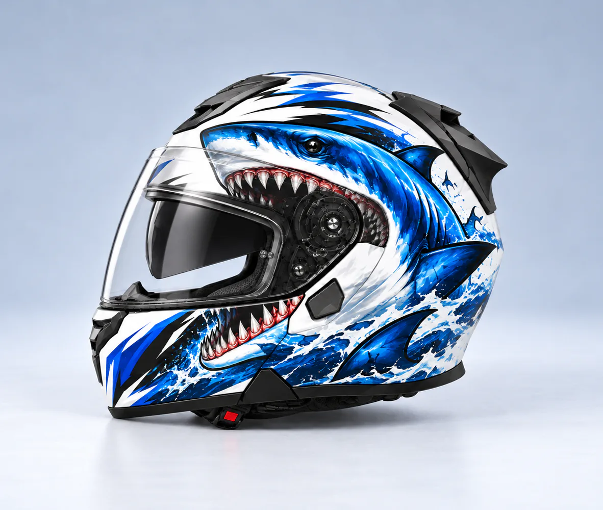 Jiekai JK-902 Flip Up Helmet, Blue Shark, side view