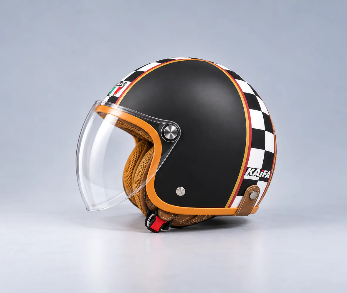 KAIFA Retro Open Face Helmet, Checkered, side view