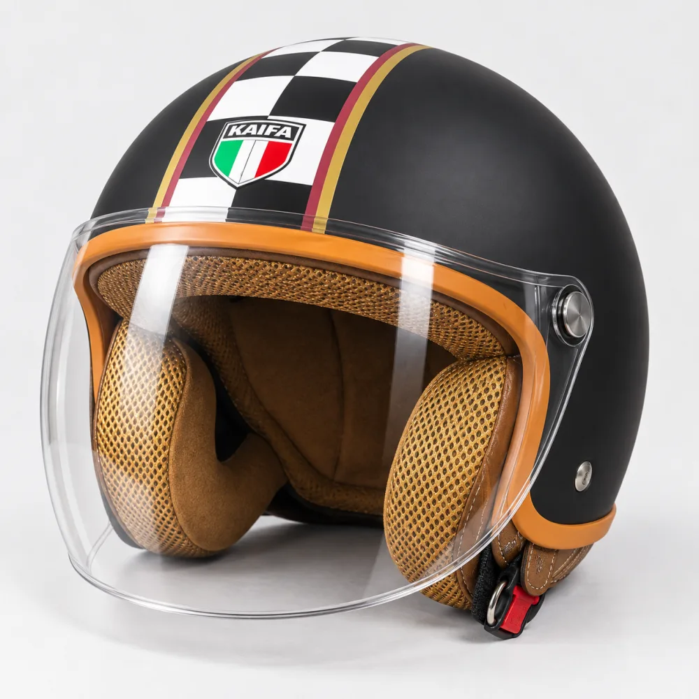 KAIFA retro open face helmet with a checkered stripe and clear visor, an open face helmet alternative to a half face helmet in Pakistan