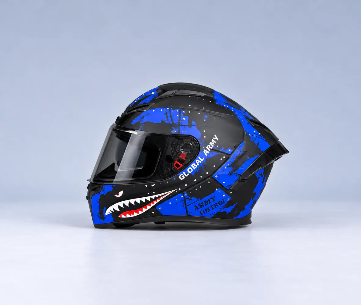 LEO by Penguin PG 107 Modular Helmet, Matte Black / Blue Global Army Shark, side view