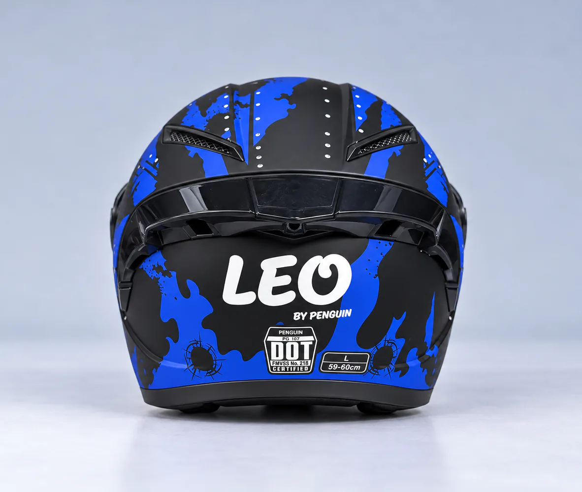 LEO by Penguin PG 107 Modular Helmet, Matte Black / Blue Global Army Shark, rear view