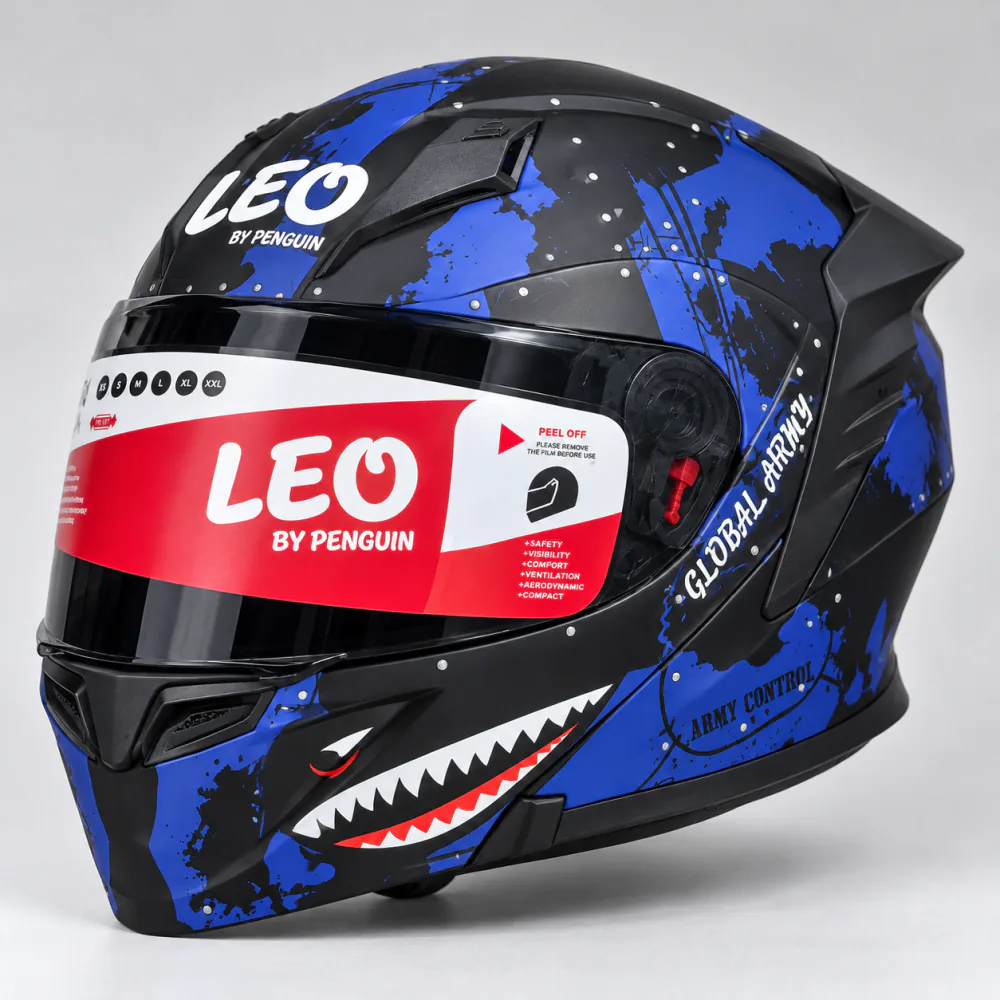 LEO by Penguin PG 107 Modular Helmet in Matte Black / Blue Global Army Shark