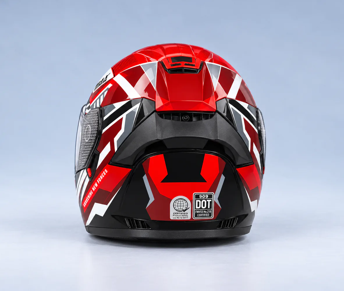 MAX 909 Modular Helmet, Red / White / Grey, rear view