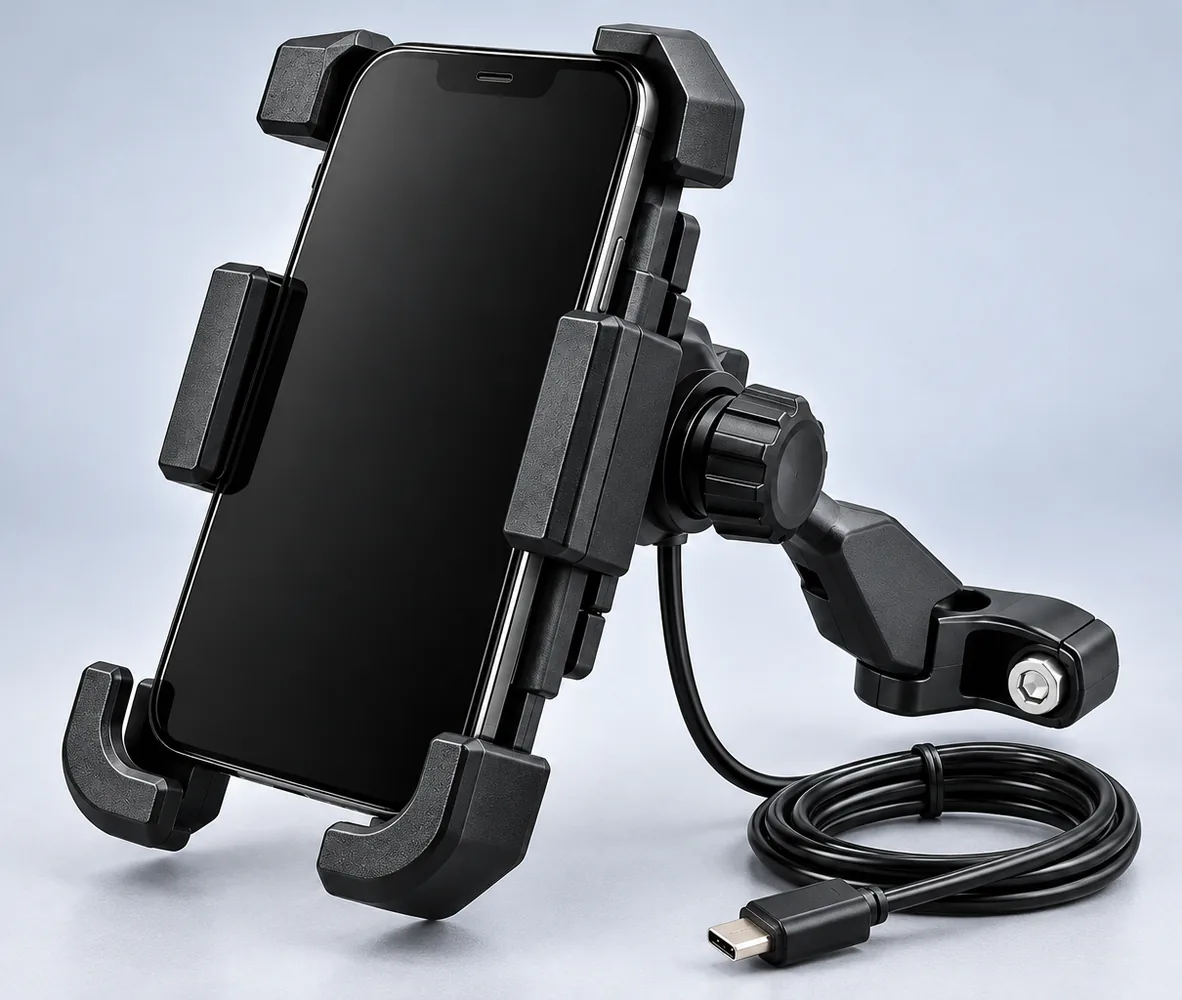Mirror Mount Motorcycle Phone Holder with USB Charger, front view