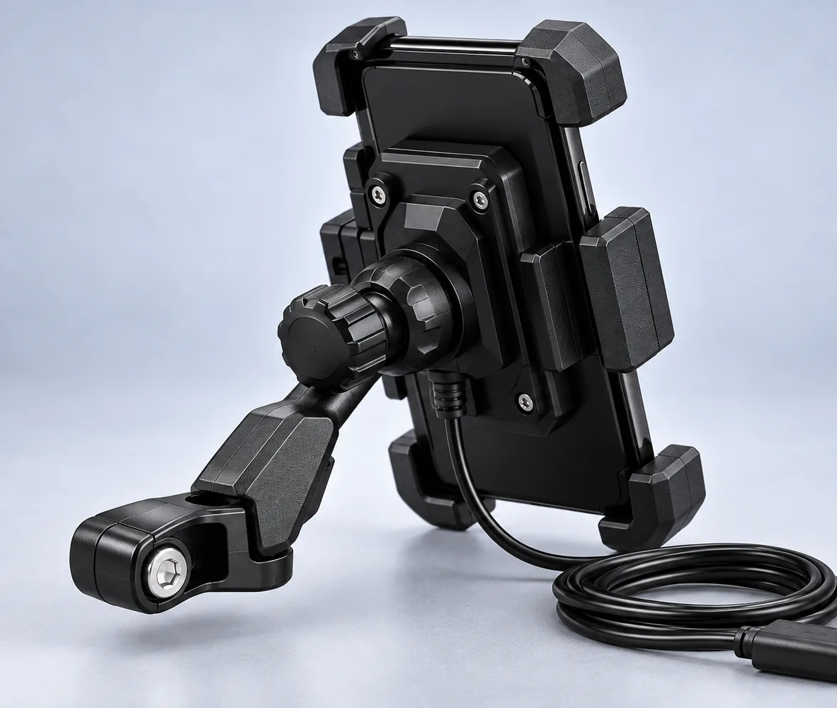 Mirror Mount Motorcycle Phone Holder with USB Charger, side view