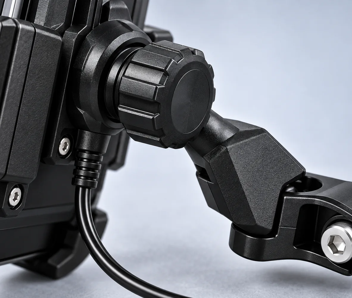 Mirror Mount Motorcycle Phone Holder with USB Charger, close-up