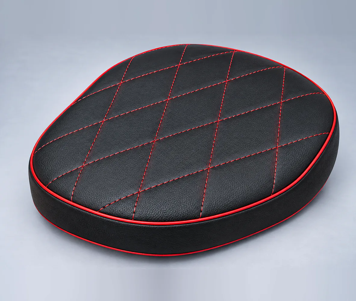 Motorcycle Seat Cushion Pad – Black with Red Stitching, front view