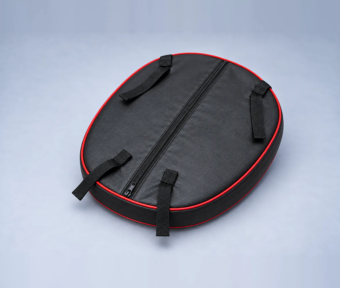 Motorcycle Seat Cushion Pad – Black with Red Stitching, side view