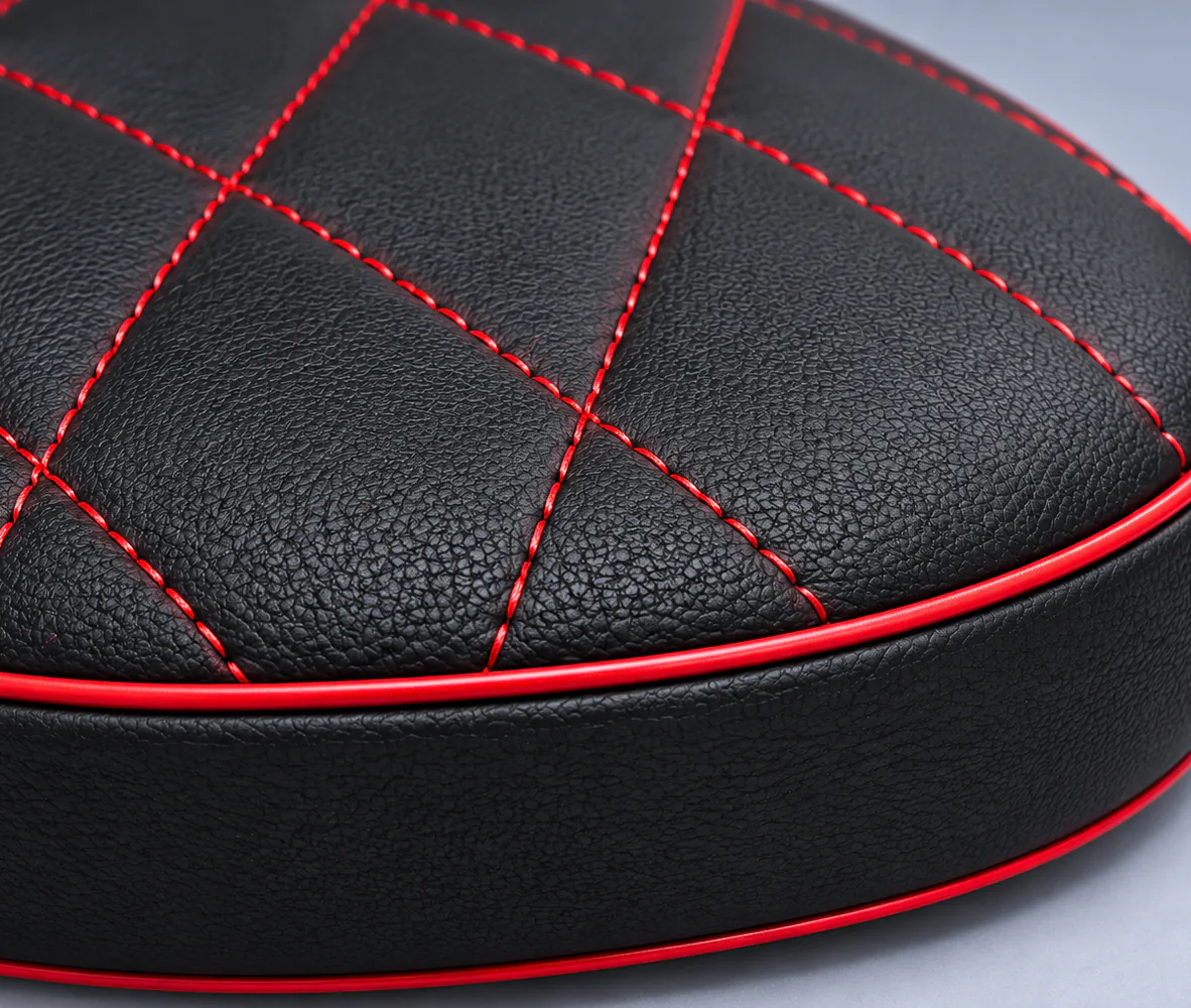 Motorcycle Seat Cushion Pad – Black with Red Stitching, close-up