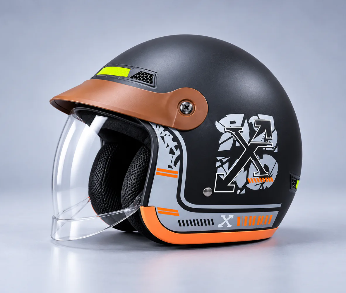 Open Face Helmet with Peak – Matte Black X Graphic, Matte Black / Grey X, front view