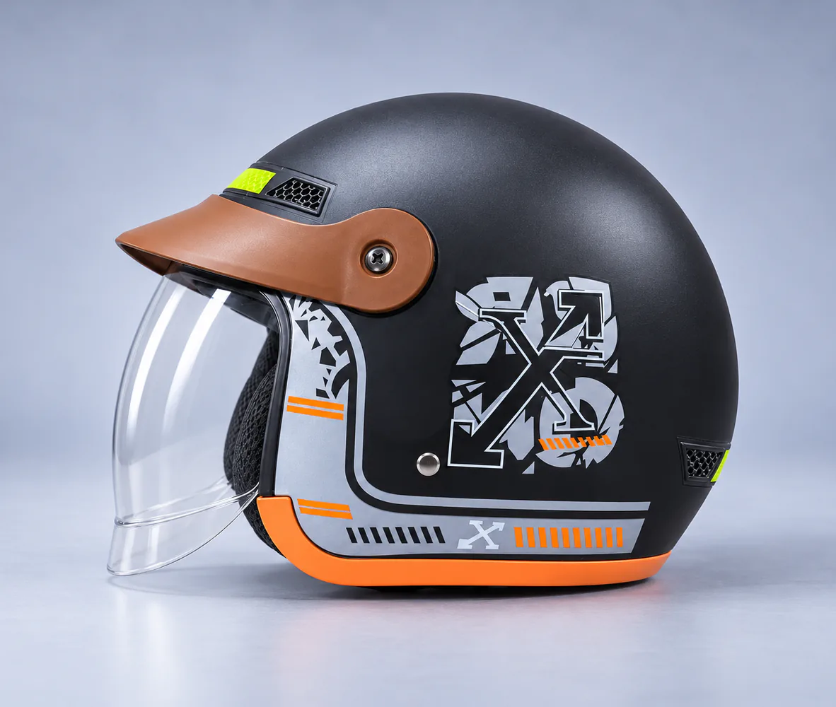 Open Face Helmet with Peak – Matte Black X Graphic, Matte Black / Grey X, side view