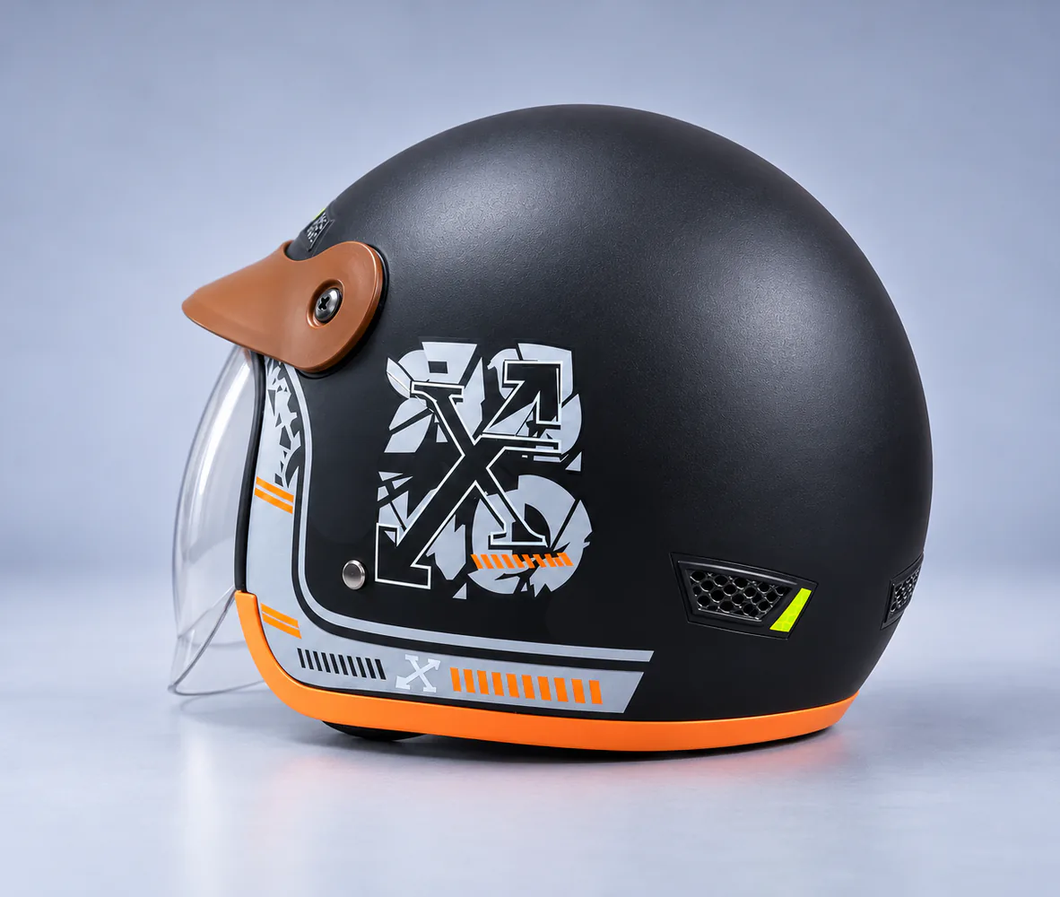 Open Face Helmet with Peak – Matte Black X Graphic, Matte Black / Grey X, rear view