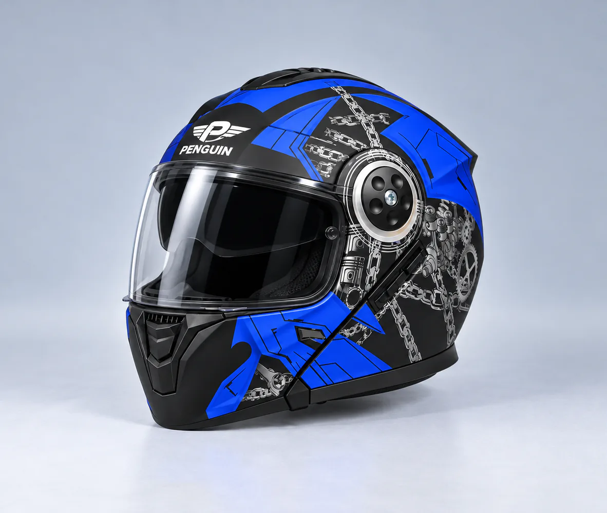 Penguin Piston Chain Graphic Modular Helmet, Matte Black / Blue Chain, front view