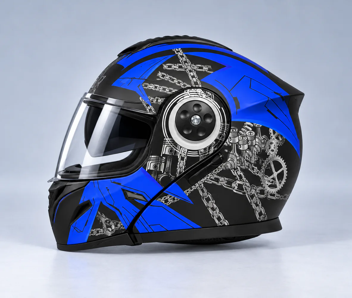 Penguin Piston Chain Graphic Modular Helmet, Matte Black / Blue Chain, side view