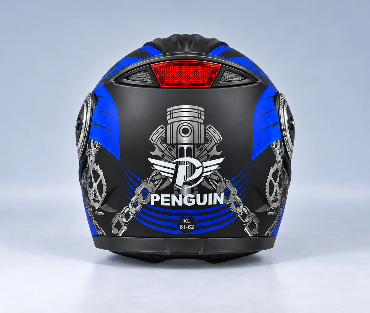 Penguin Piston Chain Graphic Modular Helmet, Matte Black / Blue Chain, rear view