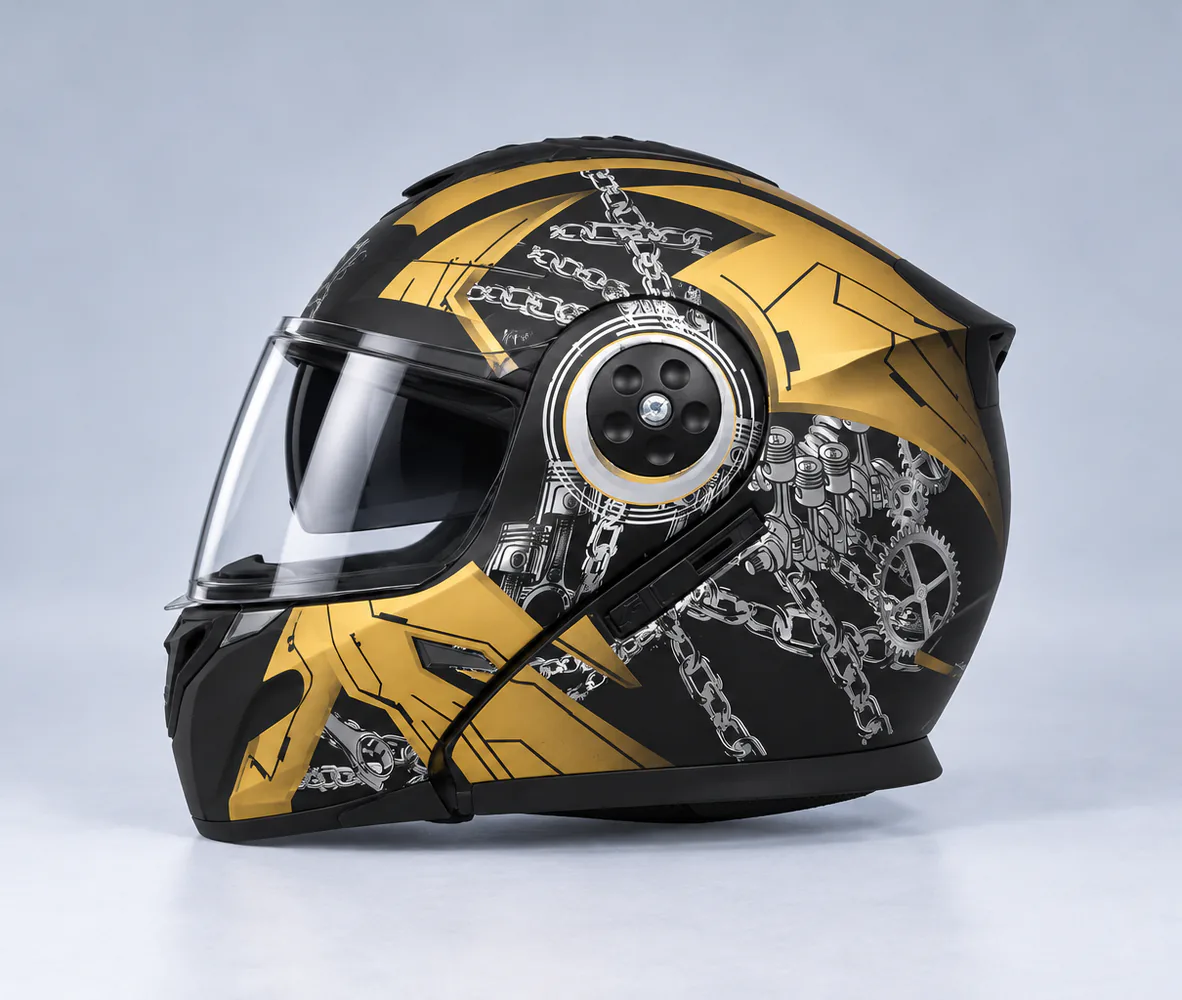 Penguin Piston Chain Graphic Modular Helmet, Matte Black / Gold Chain, side view