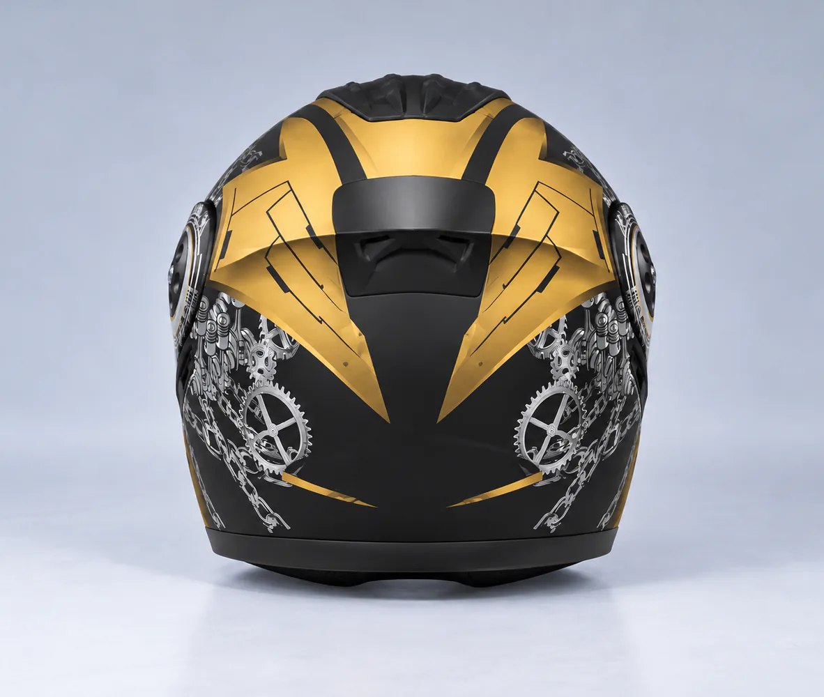 Penguin Piston Chain Graphic Modular Helmet, Matte Black / Gold Chain, rear view