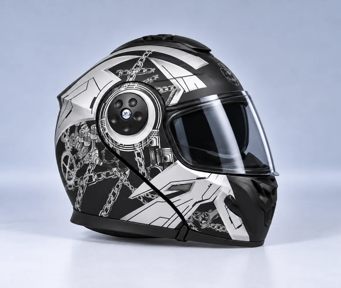 Penguin Piston Chain Graphic Modular Helmet, Matte Black / Grey Chain, front view